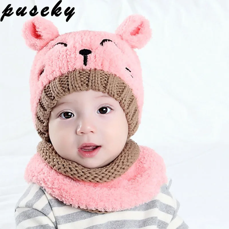 Puseky/зимние детские шапки с ушками медведя; Милая вязанная шапка для мальчика; Шапка; теплая шапка для младенца + вязаный шарф с капюшоном;