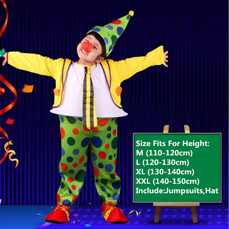 Дети мальчик смешной костюм клоуна желтый зеленый точка маг Цирк Клоун Косплей костюмы нарядное платье Вечерние Пурим Хэллоуин - Цвет: clothes