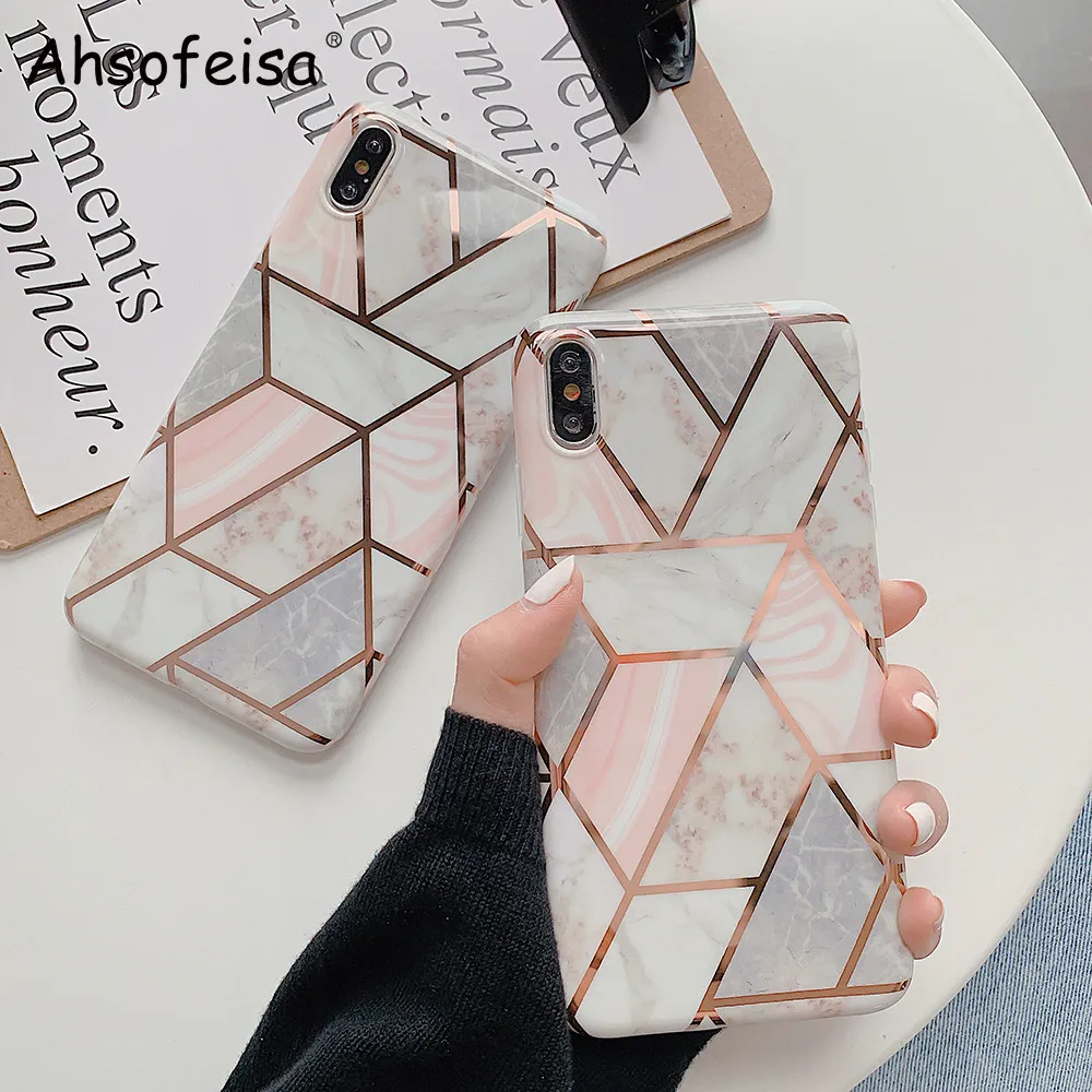 

Geometric Marble Texture Phone Cases For iPhone XR XS Max 6 6S 7 8 Plus X 11 11Pro Max Soft IMD Electroplated Back Cover Capa