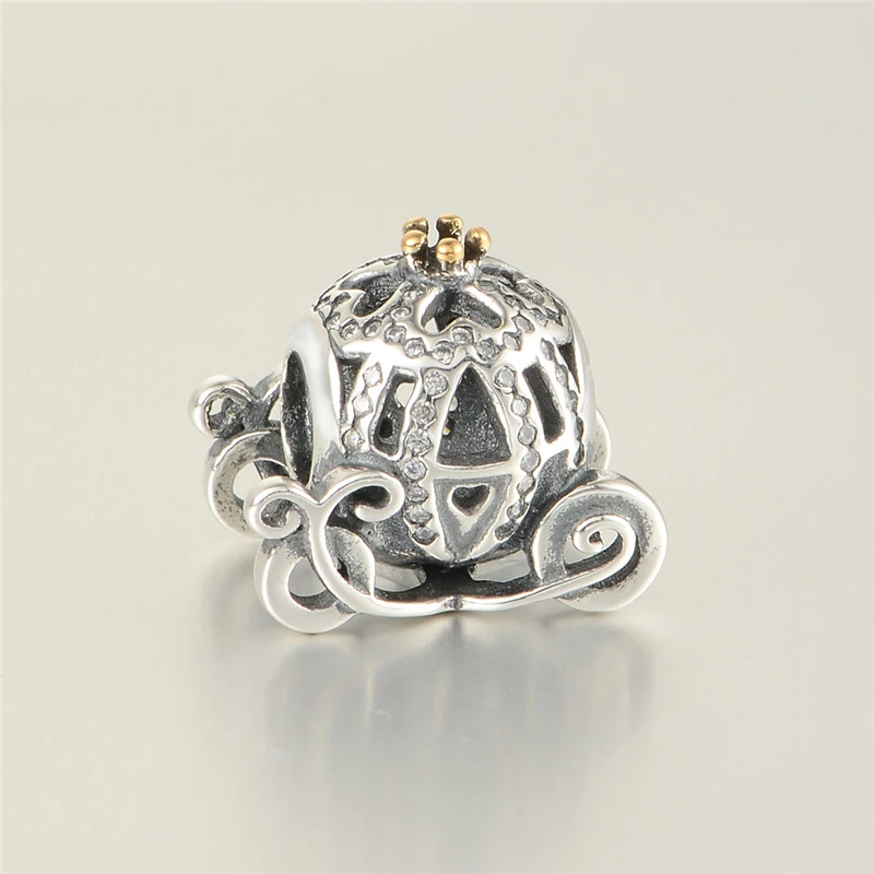 

New Gold color Cinderella Pumpkin Car Charm 925 Sterling Silver CZ Crown Cart Beads Suitable for Pandora Style Charm Bracelets