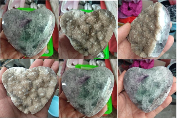 

DHX SW large natural colorful fluorite heart mineral specimen one surface polished another raw gemstone reiki healing crystal