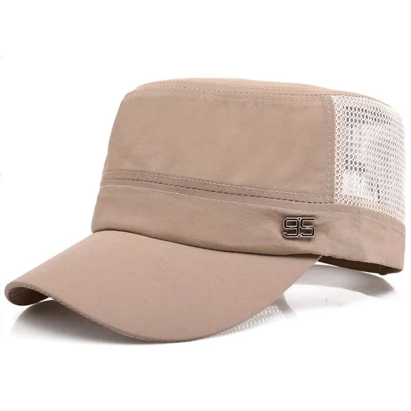 Мужские шапки в стиле милитари с плоским верхом, летняя кепка в стиле милитари, летняя бейсболка с дышащей сеткой - Цвет: Бежевый