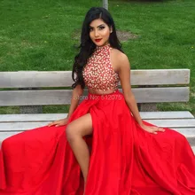 Beauty Red High Neck Two Piece A Line Long font b Prom b font font b