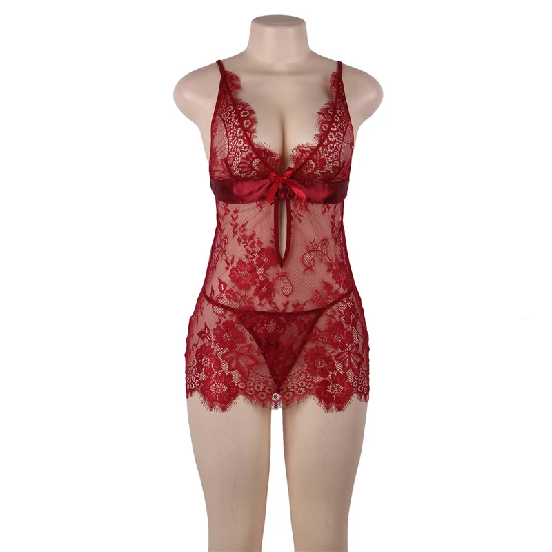 Comeondear, эротические сексуальные платья, с открытой спиной, черные, красные, цветочные, кружевные, сексуальные, для женщин, v-образный вырез, прозрачное, Сексуальное белье RA80637 - Цвет: red lingerie