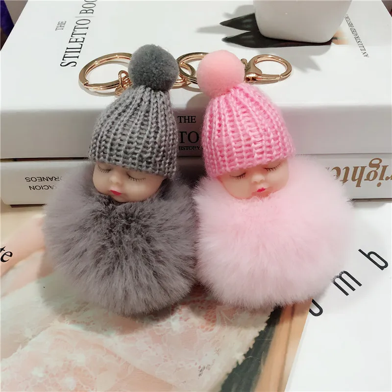 

Sleeping Baby Keychain Toy Imitation Rex Rabbit Fur Ball Soft Cozy Plush Fluffy Pompom Key Chain Bag Decoration Kpop Accessories