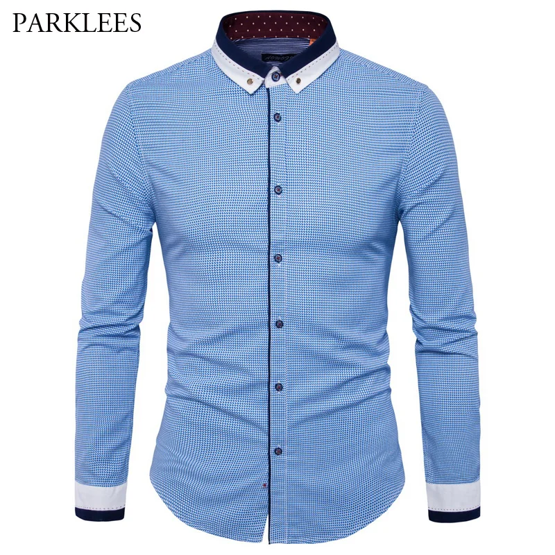 Blue Small Plaid Shirt Men 2017 Casual Button Down Male Shirt Fashion