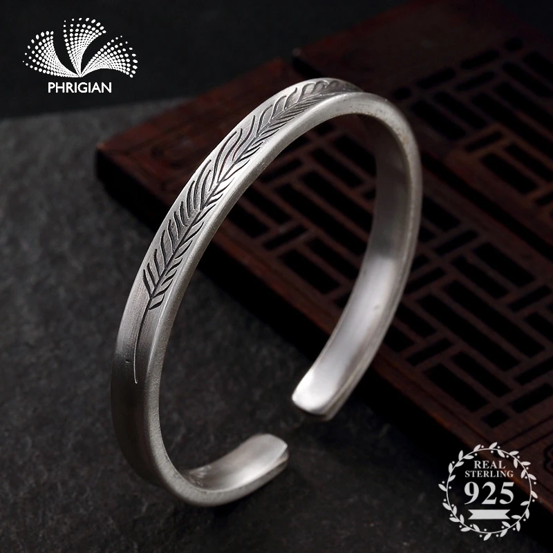 

NOT FAKE S990 Fine Jewelry 100% Sterling Silver Bangle Vintage Ethnic wheat pattern Handmade Nature flea market jeweler retro