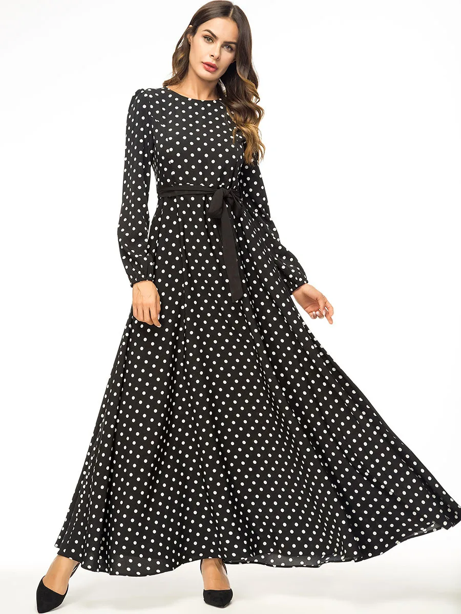 

Spring 2019 Dot Black Long Dress Women Casual A Line Loose Maxi Dress Robe Plus Size 4XL Vintage Muslim Party Dress