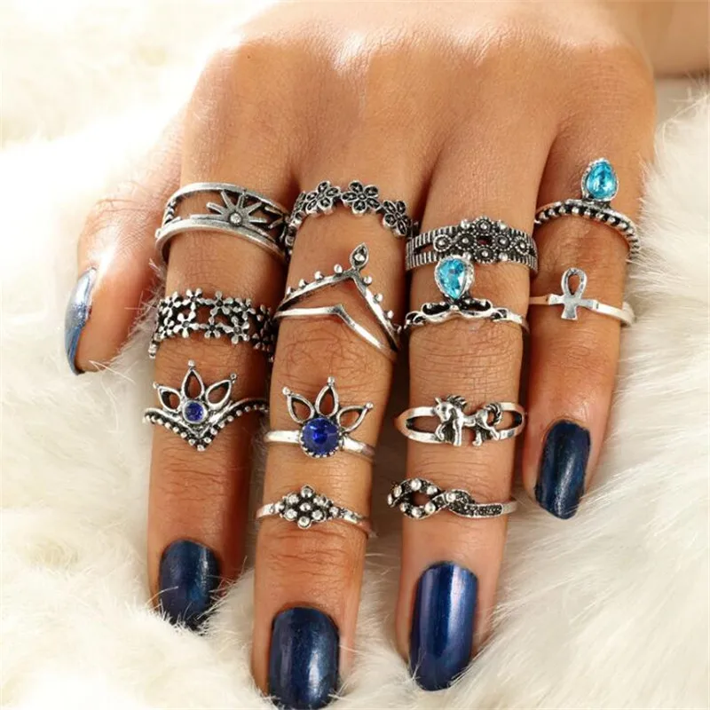

DIEZI 2018 New Vintage Knuckle Rings for Women Boho Geometric Flower Crystal Ring Set Bohemian Midi Finger Jewelry Bague Femme