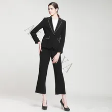 New Black and White Female Elegant Pant Suits Formal Work Wear Women’s Long Sleeve Blazer with Trousers Ladies Office Uniform
