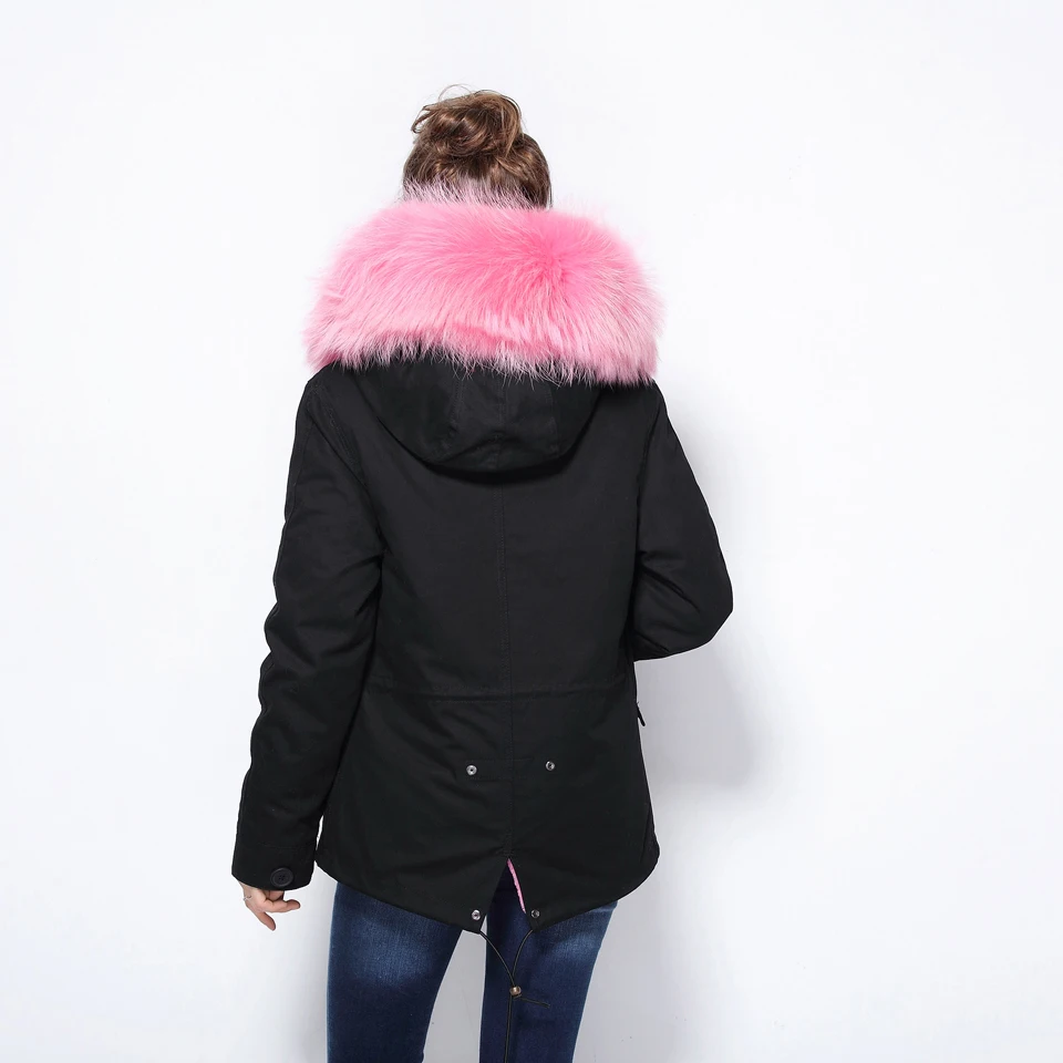 Furlove Зимняя куртка женская обувь черного цвета из натурального меха енота, датский теплая куртка с искусственным мехом парка на меху Топы короткий Тип теплый