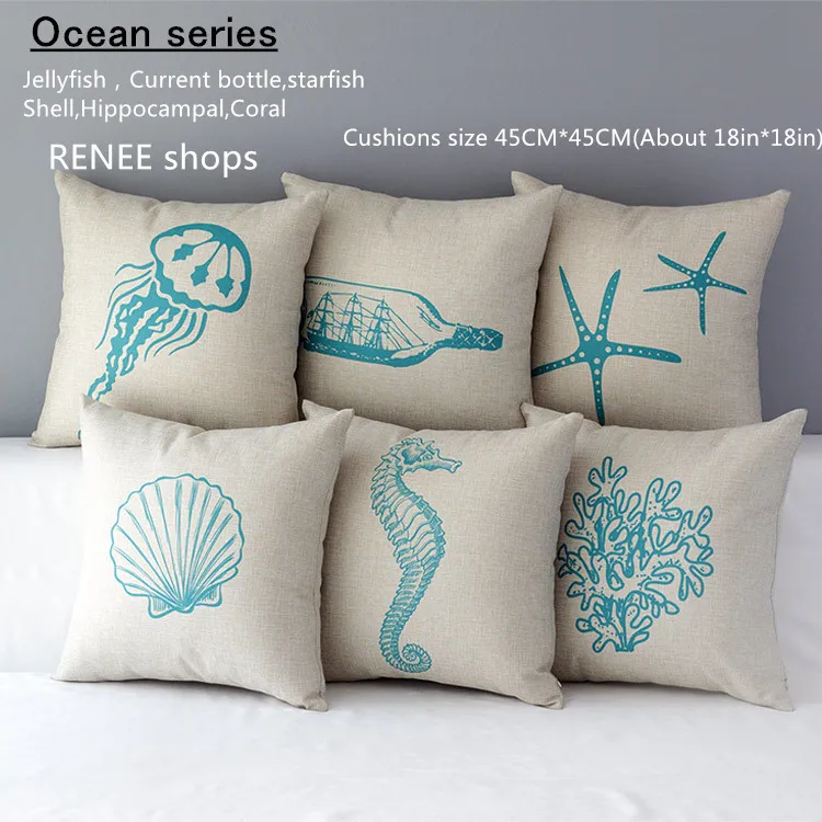 

Cushion Mediterranean Sea blue Marine life Hippocampal coral jellyfish pattern sofa pillowcase linen cotton cushions pillows