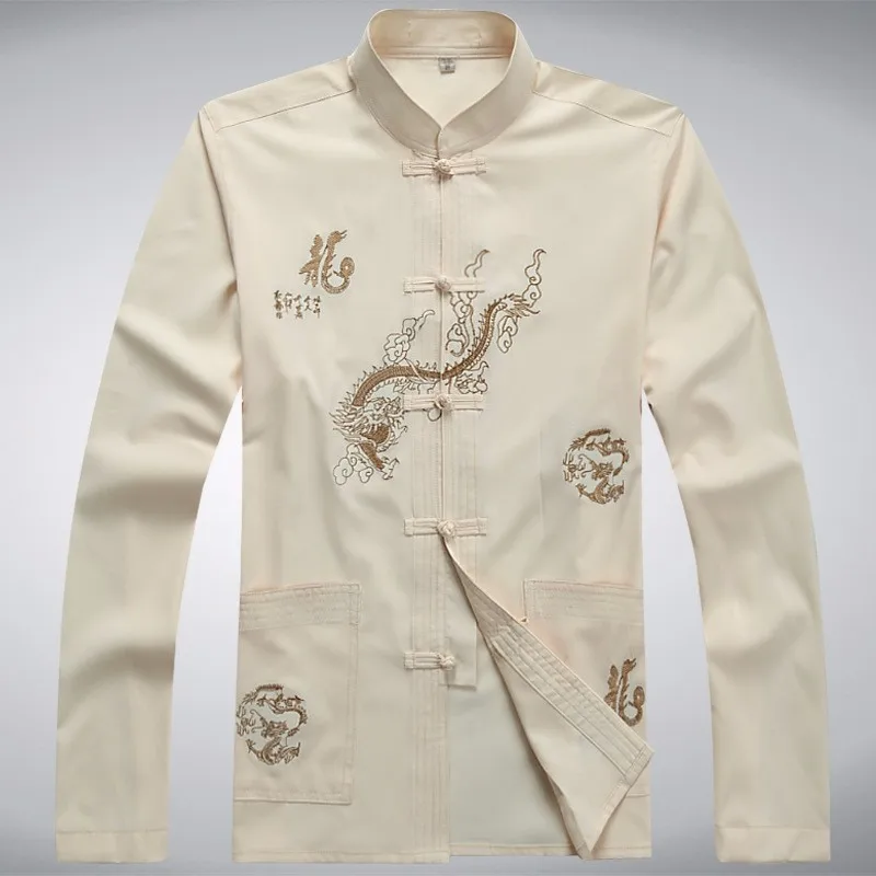 Мужская рубашка размера плюс XXXL, темно-синяя с вышивкой дракона кунг-фу, китайский стиль, хлопок, длинный рукав, Wu Shu, одежда MS102