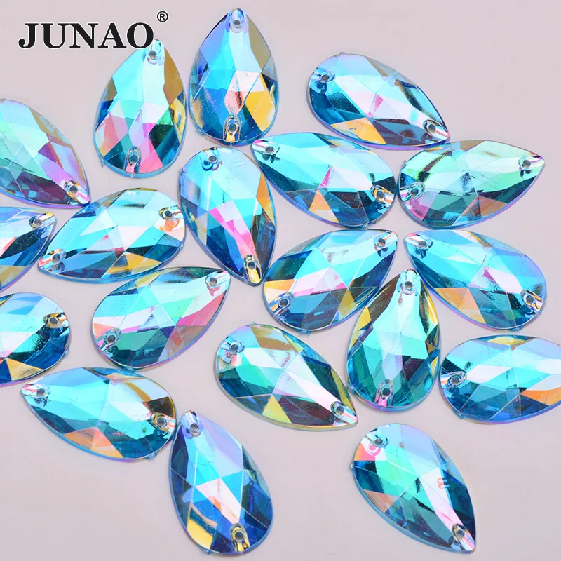 

JUNAO 17x28mm Aqua Blue AB Crystal Big Drop Rhinestones Sewing Strass Applique Flat Back Gems Acrylic Crystal Stones for Crafts