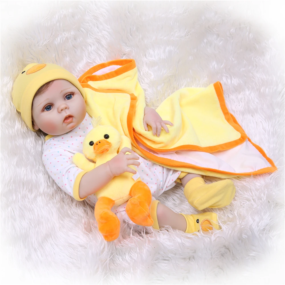 

silicone vinyl reborn babies dolls infant bebe alive fashion design bathe boy doll 55cm with Cute duck plush toy Children gift