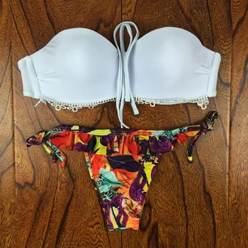 

New Sexy Swimwear Solid Deep V Women White Strapless Bikini Set Biquini Swimsuit Split Two Pieces Swimming Bikini