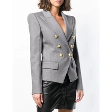 Высокое качество корейский серый женский пиджак для офиса Золотой Лев двубортный с пряжкой Тонкий Подиум пиджаки Пальто Блейзер для женщин