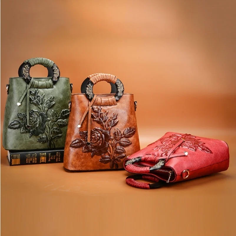 Повседневные сумки-тоут, сумки в китайском стиле, тисненая женская кожаная сумка на плечо, Женская винтажная сумка-мессенджер высокого качества с цветочным принтом