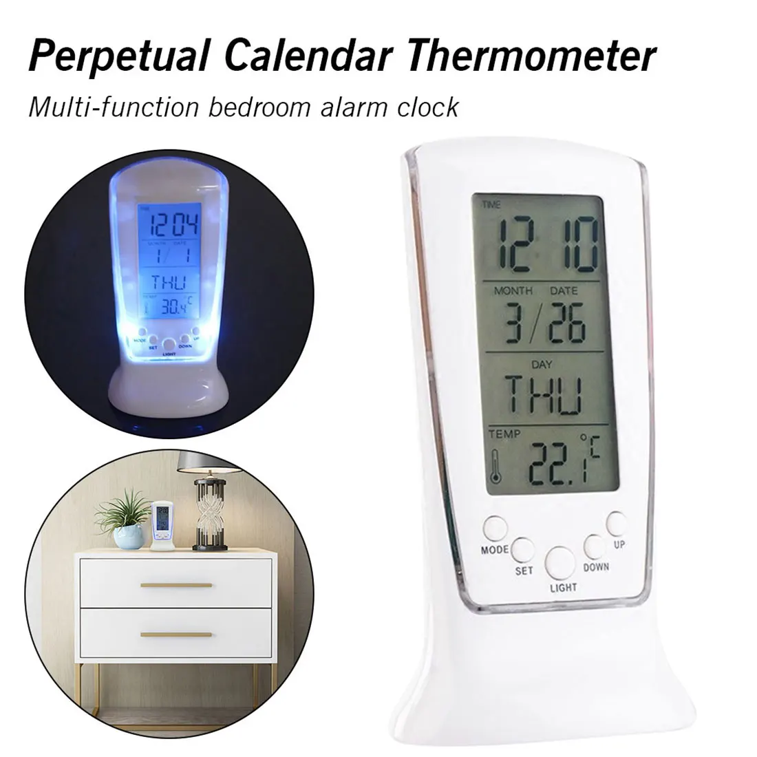 

Digital LCD Alarm Clock Calendar Thermometer Multi-function Snooze Desk Clock Blue Display Backlight for Home Decoration