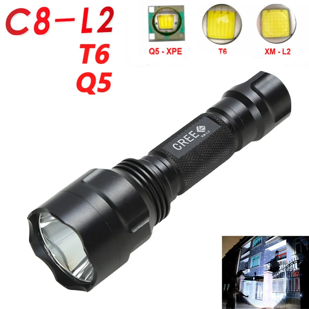 

ANJOET Black C8 Tactical flashlight XM-L L2/T6/Q5 LED Hunting Camping White Led Flashlight Torch Light Lamp18650 battery