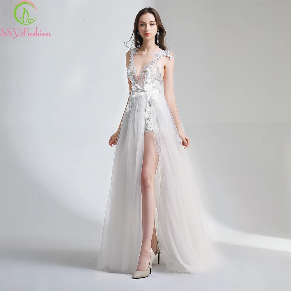 SSYFashion новое белое кружевное вечернее платье сексуальное Глубокий v-образный вырез спинки Lllusion длинное кружевное платье Выпускное Платье