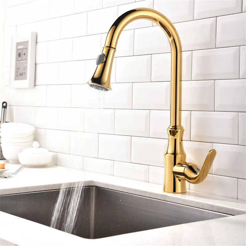 Kitchen Sink Faucets Brass Pull Out Kitchen Sink Mixer Tap Single Handle Hot and Cold Kitchen Crane Deck Mounted Golden Faucet Kitchen Sink Faucets Brass Pull Out Kitchen Sink Mixer Tap Single Handle Hot and Cold Kitchen Crane Deck Mounted Golden Faucet