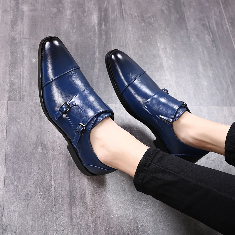 Misalwa Men Dress Shoes Formal Business Work Soft Patent Leather Pointed Toe Men's Oxfords Double Monk Strap Slip On Loafers