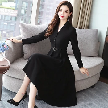 

Long Sleeve With Belt Black Thin Midi Dress Temperament Wild Dress Elegant Fashion Office Lady Women Dress Chic Vestido De Festa