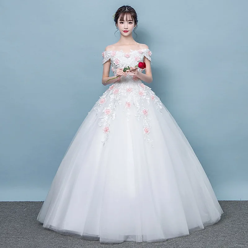 Белое Бальное платье принцессы, свадебное платье, с вырезом лодочкой, розовое, 3D, Цветочная аппликация, кружевное, для сада, торжественное свадебное платье, большие размеры