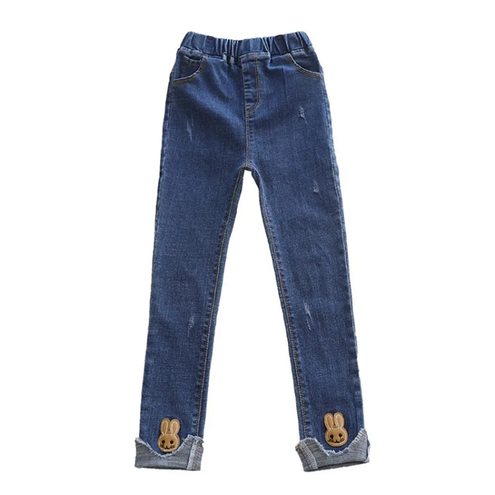 Модные джинсы на весну-осень для девочек от 4 до 12 лет джинсовые штаны милые кролики, декорированные манжетами, прямые свободные повседневные штаны с эластичной резинкой на талии