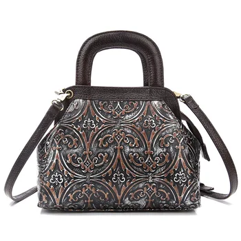 

retro Genuine Leather female handmade bag top layer leather Floral embossed Women handbag casual shoulder bag fashion ladies bag