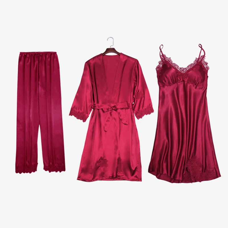 Женские пижамные комплекты из 5 предметов, атласные шелковые полосатые пижамы из вискозы, женские сексуальные кружевные пижамы, комплекты ночного белья без рукавов - Цвет: Wine Red 3 pcs