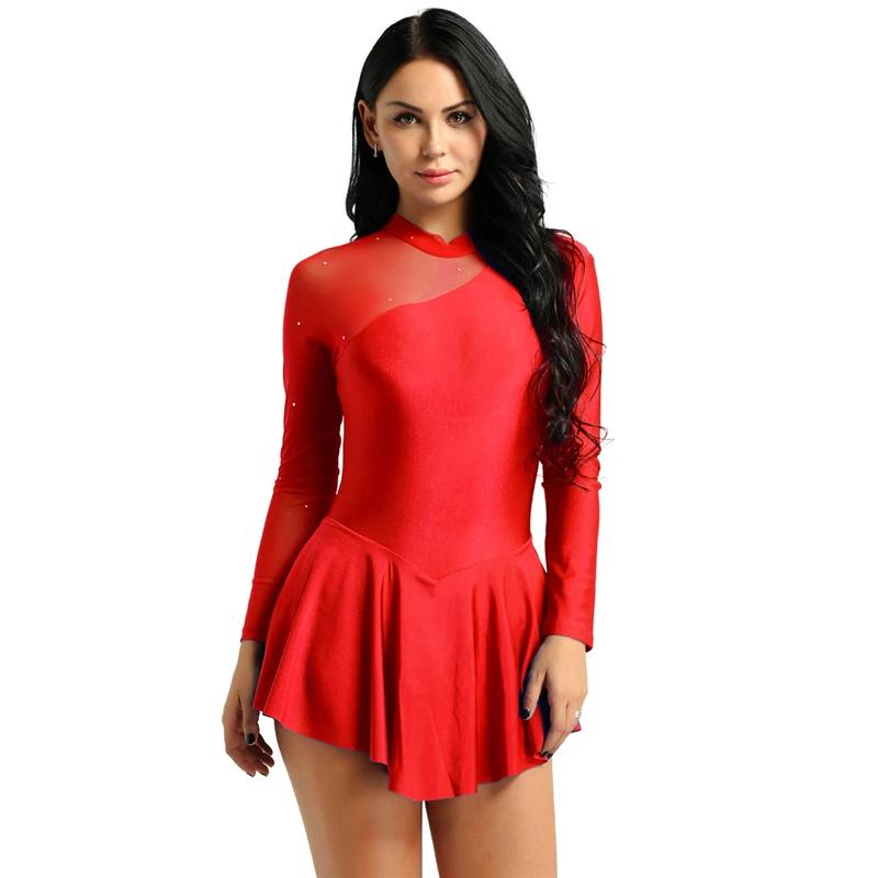 Women Figure Skating Costume Long Sleeve Latin Ballet Leotard Dress Adult Gymnastics Leotard Ballroom Stage Dance Wear