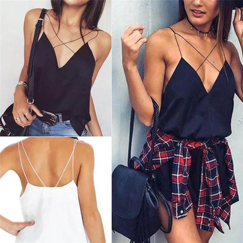 1pc Summer Sexy Strap Tops Chiffon Black White Loose Camis Women Slip Tank Tops Female Chiffon Sleeveless V Neck Camisole