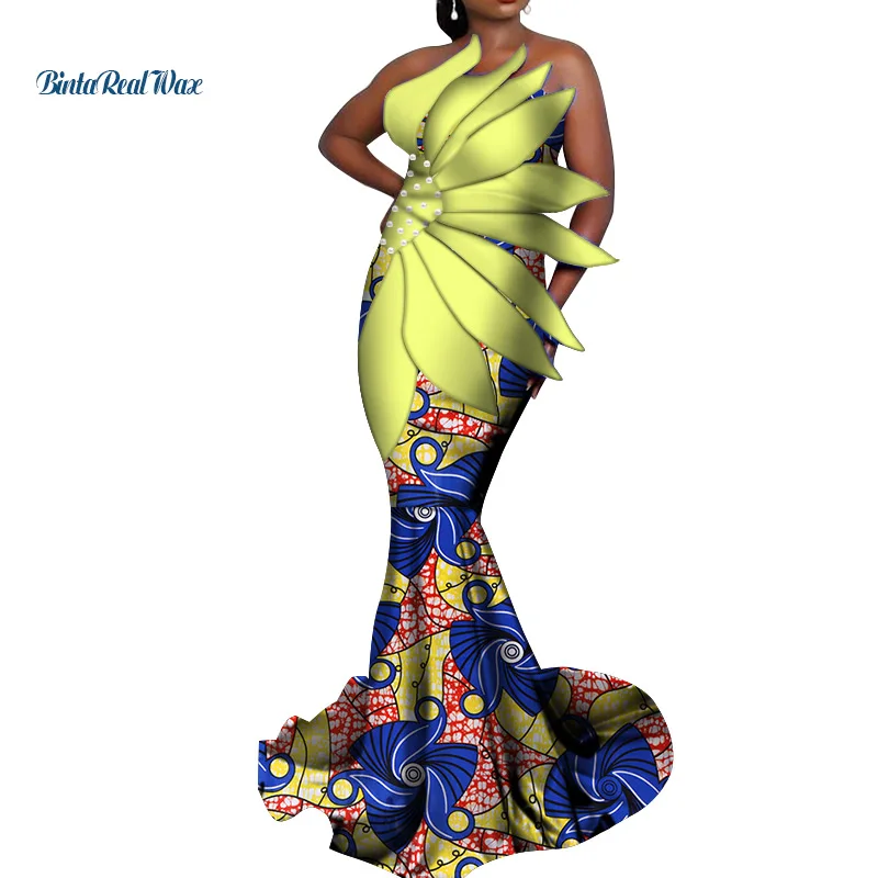 Дашики африканские платья для женщин Базен Riche Длинные Вечерние Платья Женская африканская одежда лепесток платья с жемчугом WY3466 - Цвет: 5