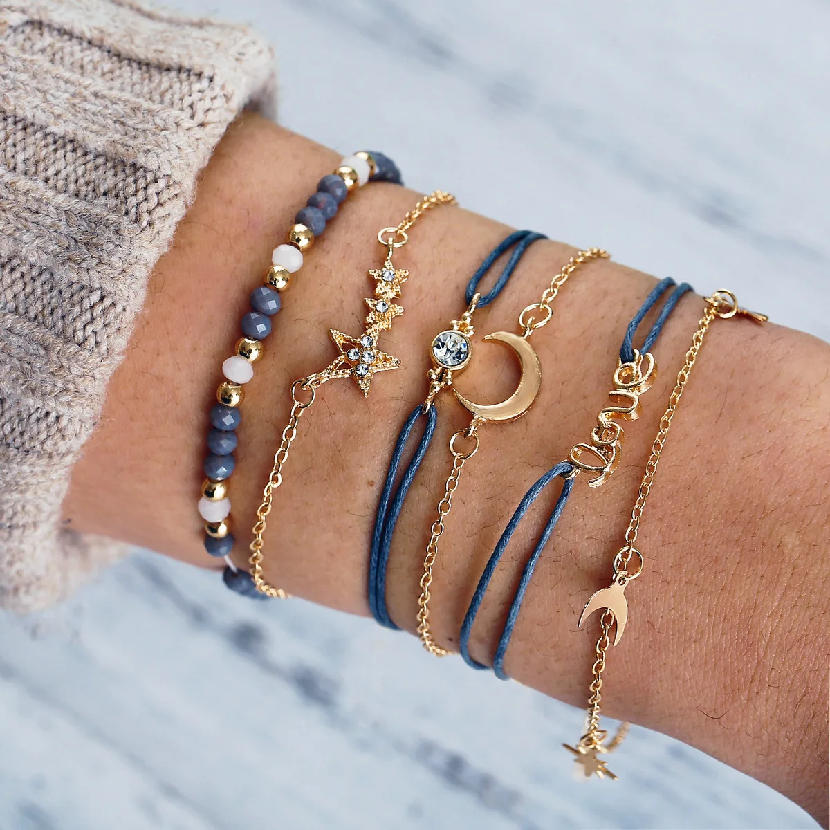

6Pcs/Set New Love Five-pointed Star Moon Bracelet Set Bracelet Ladies Fashion Jewelry
