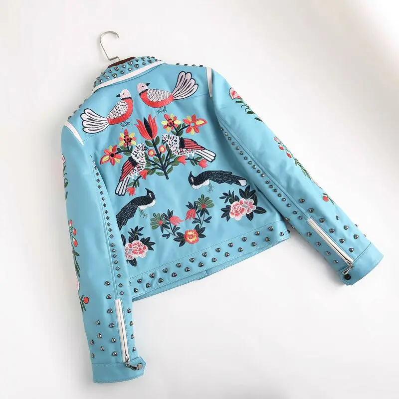 100%Women leather jacket embroidery locomotive leather jacket runway designer high quality embroidered embroidery leather jacket