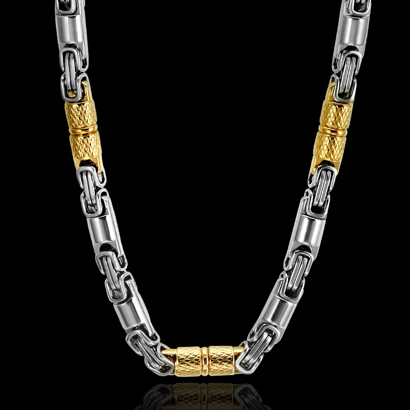 US7 Two Tone Gold-Color Titanium Нержавеющая сталь 55 см Длинные 6 мм Широкие тяжелые линии Византийские коробки Цепи Ожерелья для мужчин Ювелирные изделия