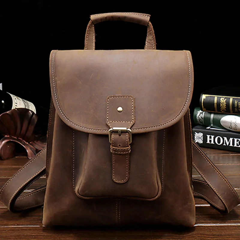 

Brand Vintage Genuine Leather Backpack for Women Crazy Horse Leather Travel Rucksack Male Retro Flap Pocket Daypack for Men 2028
