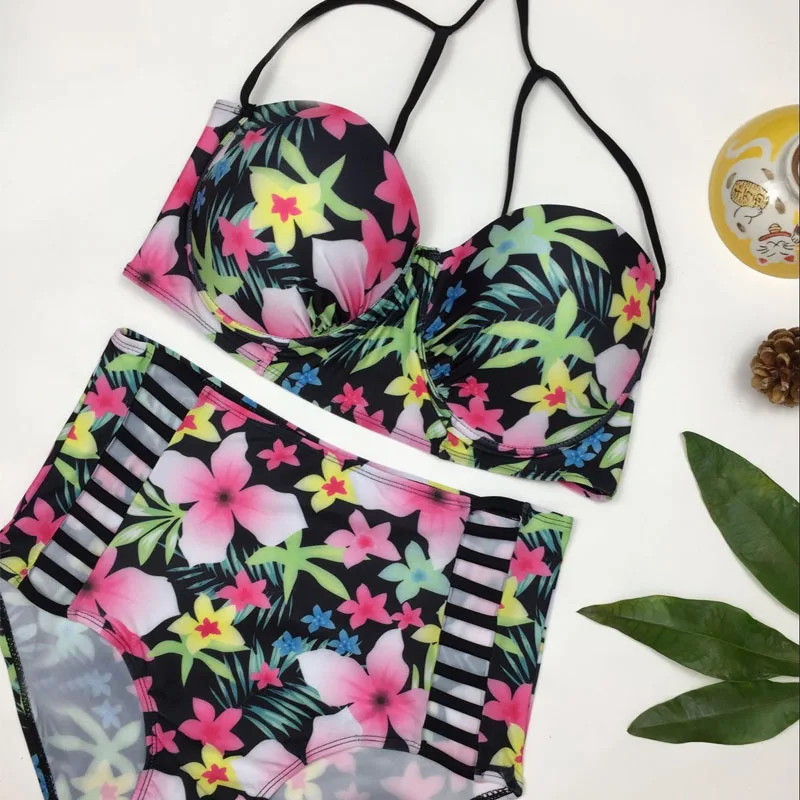 

Women Print Floral Bikini Swimsuit Beach Wear Sexy Plus Size High waist Swimwear Two-piece Gather Large Size Bathing suit