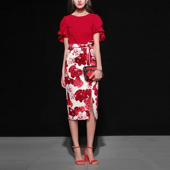 

Elegant Runway Designer Two Piece Set Women Red Chiffon Top+Printed A-line Midi Skirt 2 Piece Set Women Summer 2019