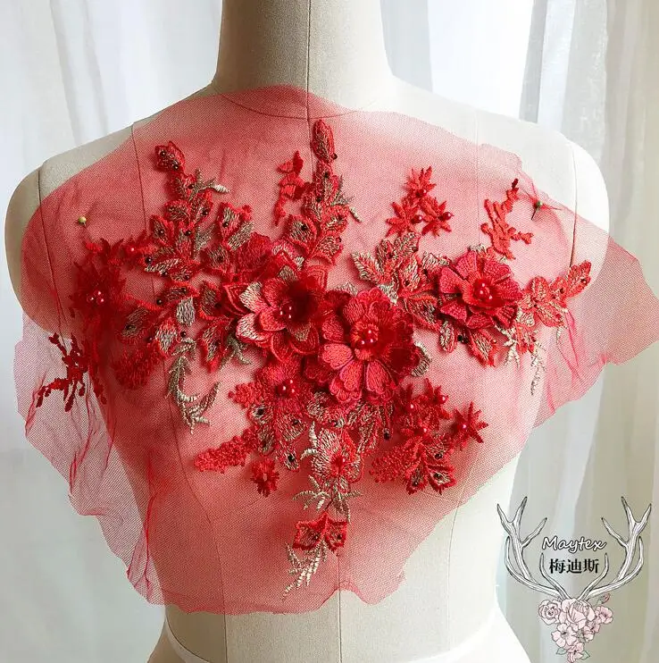 1 шт 36*27 см 3D цветок красочные сетки вышитые жемчугом бисером кружева аппликация с Стразы DIY кружевная ткань отделка - Цвет: red
