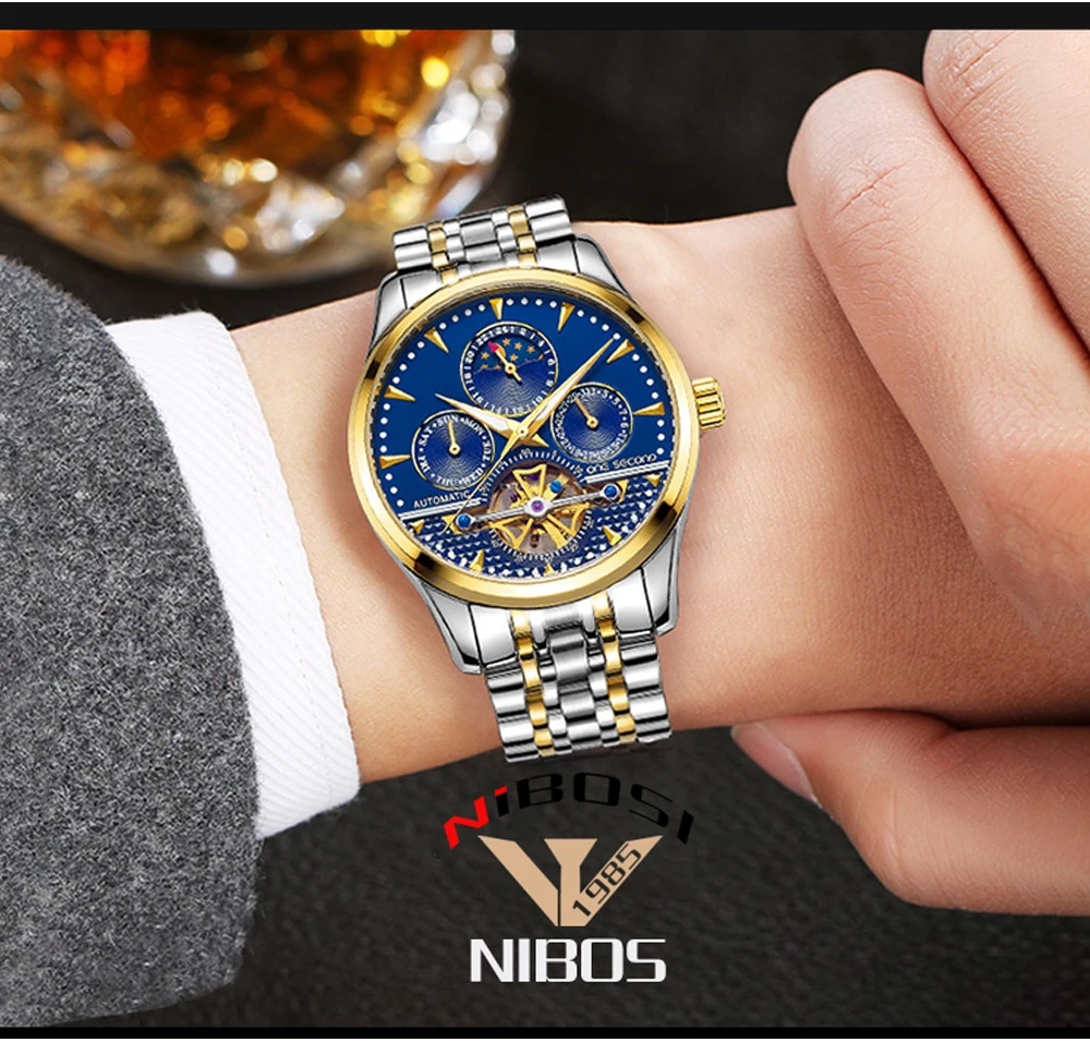 Relojes Hombre NIBOSI Business Mechanical Watches Mens Skeleton Tourbillon Automatic Watch Men Gold Steel Moon Phase Waterproof (4)