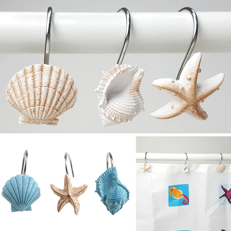 12 Packs Resin Decorative Home Bathroom Seashell Shower Curtain Hooks and Door Curtain Hooks
