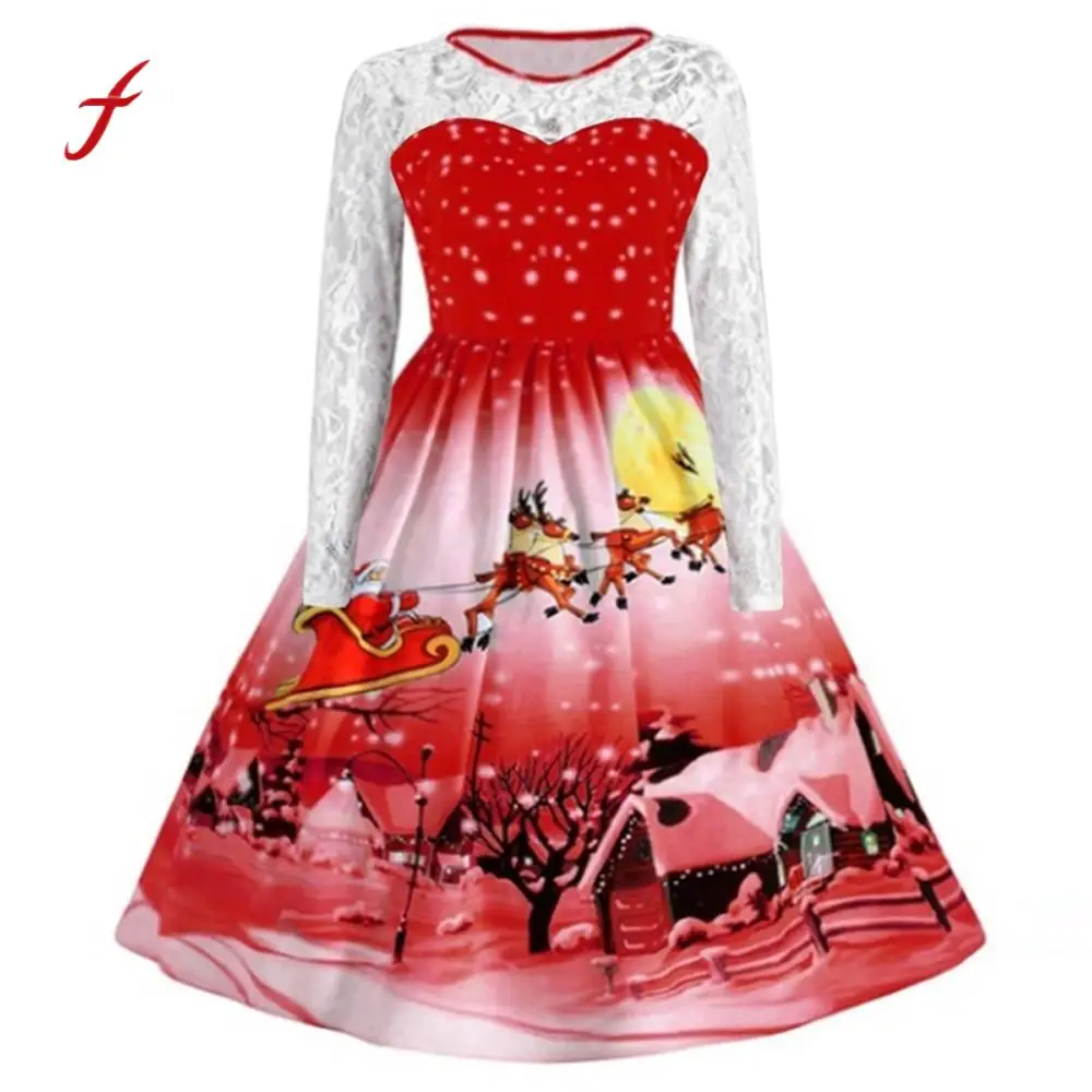 

Feitong Winter Christmas Dress Snow Print Women Ladies Fashion Lace Long Sleeve Vintage Swing Dress Female Casual Vestidos /PT