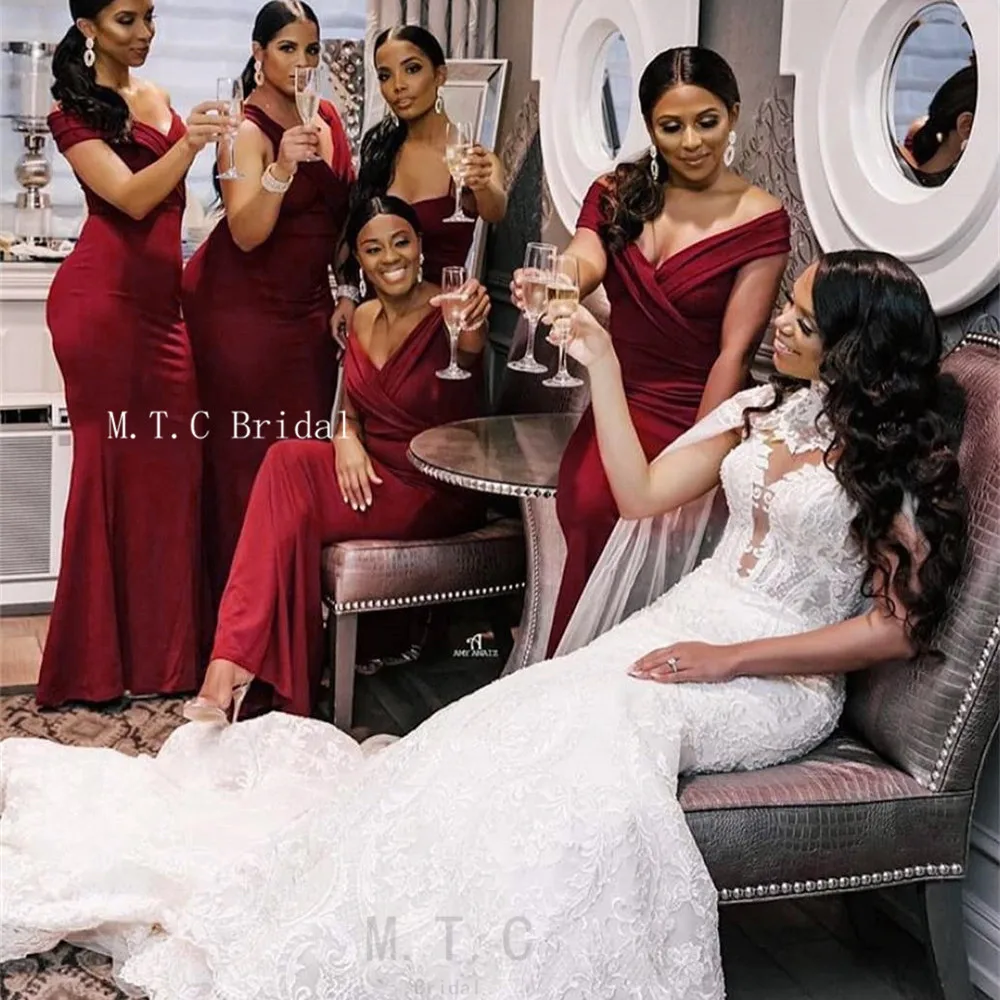 

Wholesale Mermaid Simple Bridesmaid Dresses Off The Shoulder Boat Neck Long Maid Of Honor Party Dress Cheap 2019 New Arrival