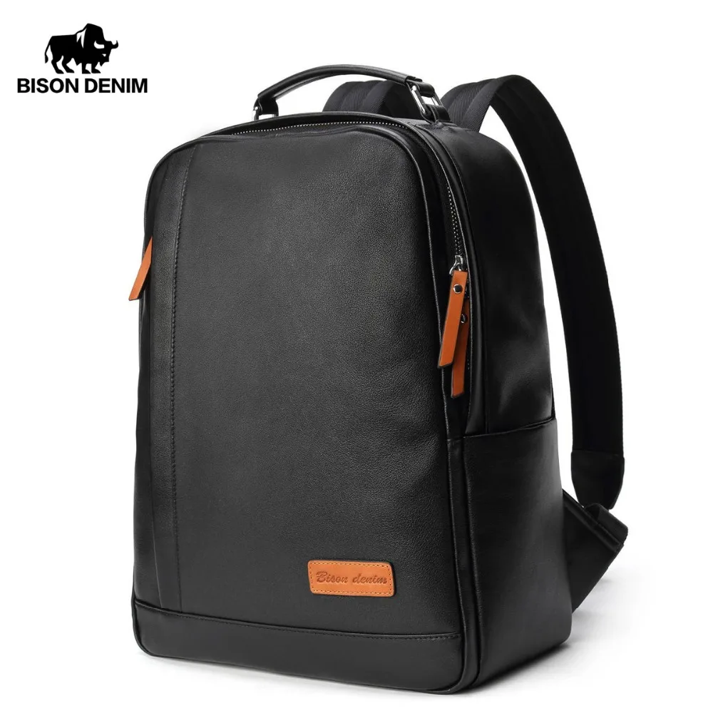 

BISON DENIM Fashion Leather Backpack 14 inch Laptop Backpacks For Teenager Male School Backpack Large Capacity Men N2696-1B