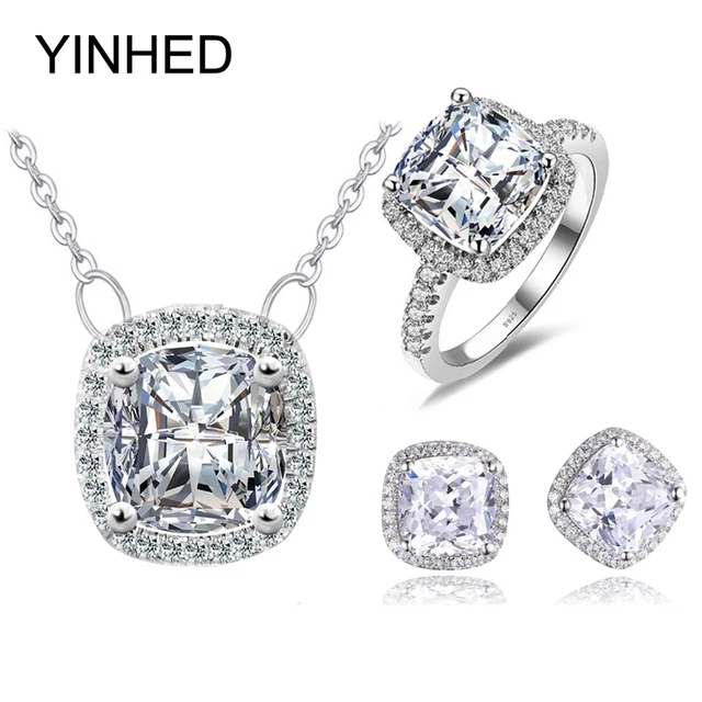 Yinhed Princess Cut Shining Cubic Zirconia Jewelry Set 925 Sterling Yinhed Princess Cut Shining Cubic Zirconia Jewelry Set 925 Sterling Silver Pendant Earring Ring Bridal