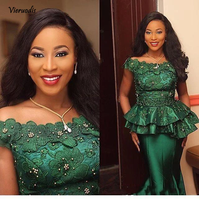 

2019 New Dark Green Mermaid Evening Dresses New Dubai Off Shoulder Appliques Ruffles Custom Party Dress