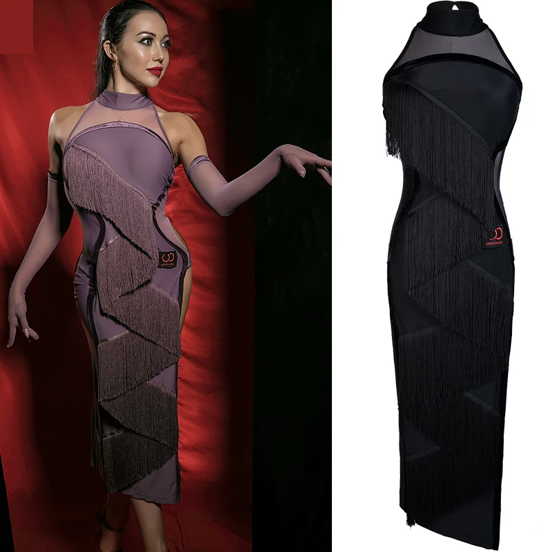 

Latin Dance Dress Sexy Sleeveless Fringed Slit Skirt Lady Rumba Cha Cha Samba Tango Adults Competition Performance Wear DN3238